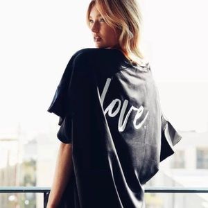 Victorias Secret One Size Kimono Wrap Solid Black "Love" Printed on Back Ruffle